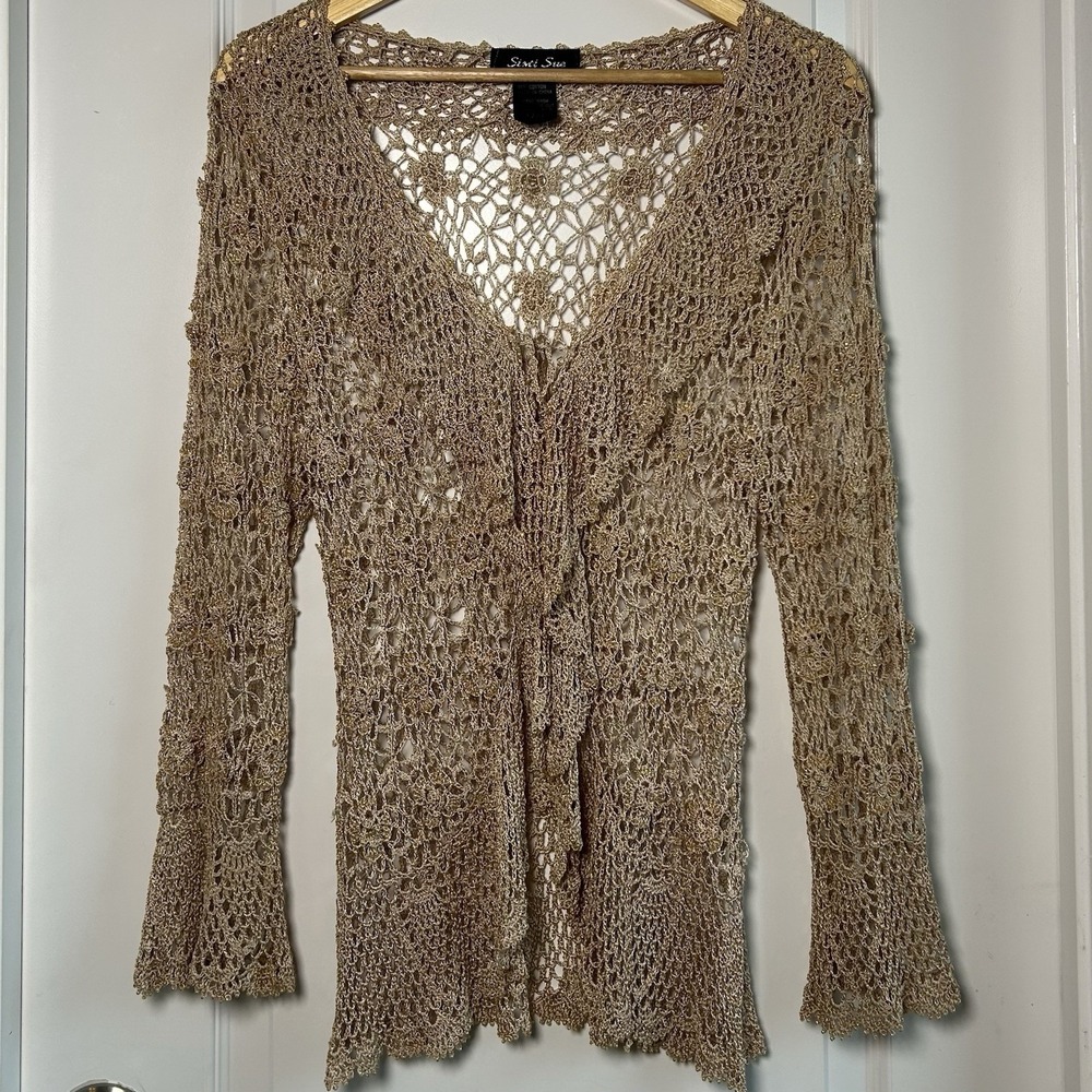 Simi Sue‎ Gold Metallic Lurex Crochet Bell Sleeve Top Coachella Festival Style